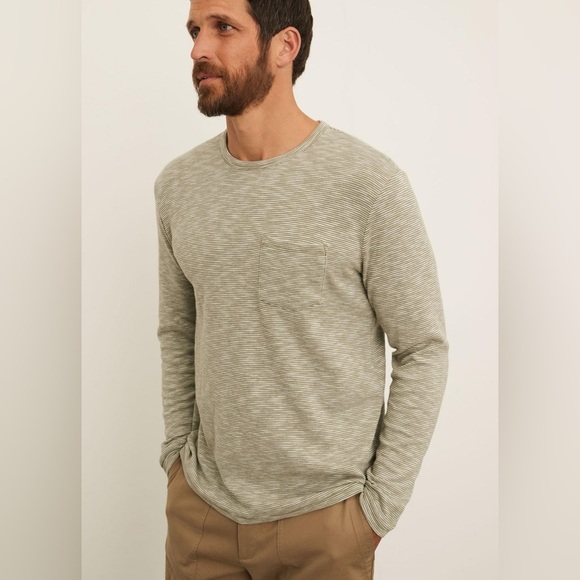 Vince Sun Faded Double-Knit Crew Long Sleeve Shirt Mens Green Striped Pocket Med - Picture 1 of 8